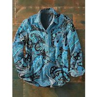 Retro-style colour-block print men’s long-sleeved button-down shirt 4XL black