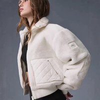 ALO autumn and winter brown lamb wool hooded short jacket thickened warm sports casual stand-up collar zip jacket top XL ivory