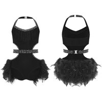 Sparkly Rhinestones Girls Dance Leotard Halter Neck with Feather Skirt Latin Performance Costume 5-6 Years black