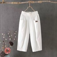 JKASHDK Cotton Hemp Cropped Trousers Women Spring Summer Plus Size Loose Linen Elastic Waist Pants L white