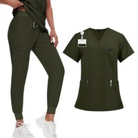 Women’s Two Piece Scrub Set with V Neck Short Sleeve Top and Jogger Pants for Medical Uniforms Healthcare Workwear L black