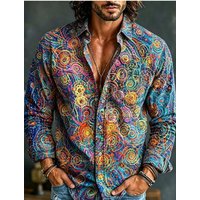 Floral Print Long Sleeve Shirt, Bohemian Casual Men's Fashion Top 3XL brown