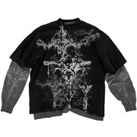 Y2K Gothic Retro Men Long-sleeved Round Neck Fake Two Piece TShirt Skull Print Street Tops Casual Harajuku Punk T-shirt XXL black