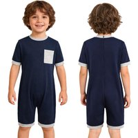 Unisex Kids Special Needs Adaptive Romper Anti-Strip Back Invisible Zipper Round Neck Short Sleeve Contrast Color Thigh Length Jumpsuit with Pocket 11-12 Years navy blue