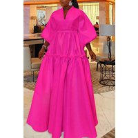 Xpluswear Plus Size White Semi Formal V Neck Ruffle Puff Sleeve Maxi Dresses