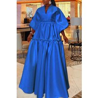 Xpluswear Plus Size White Semi Formal V Neck Ruffle Puff Sleeve Maxi Dresses