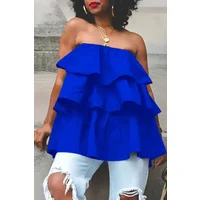 Xpluswear Plus Size Blue Daily Bandeau Sleeveless Overlay Ruffle Blouse