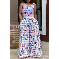 Plus Size White Daily Letter Print Pockets Sleeveless Wide Legs Jumpsuits