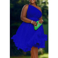 Plus Size Royal Blue Daily One Shoulder Pleated Babydoll Mini Dresses