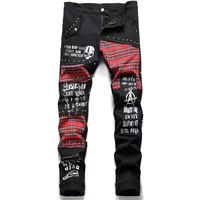 Mens Jeans Scotland Red Plaid Tartan Patchwork Punk Rivet Patch Black Denim Pants Skull Letters Printed Slim Straight