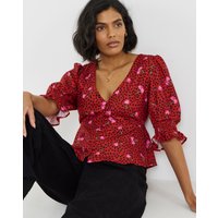 Shirred Sleeve Tea Blouse Cherry Print