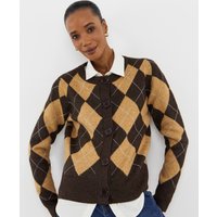 Diamante Argyle Crew Neck Cardigan in Brown Check