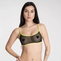 Lucky Cheeks | Transparant Zwart Neon Geel - Mesh Bralette - Zwart/Geel Maat L