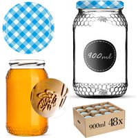 Szklany słój Lierde 900ml fi 82 mm 48 szt. + wieczka "Niebieska krata"