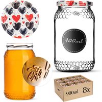 Szklany słój Lierde 900ml fi 82 mm 8 szt. + wieczka "Czarno-czerwone serca"