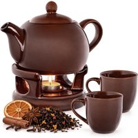 Dzbanek ceramiczny z podgrzewaczem Irais 1L + 2 kubki brązowy