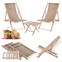 Zestaw stolik kawowy do leżaków Anjouin naturalny + 2 leżaki drewniane cappuccino