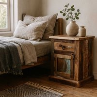Seattle Reclaimed Wood Bedside Table 1 Drawer 1 Door Rustic Coastal - Brown