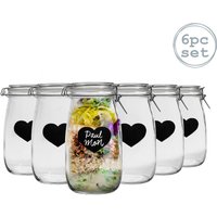 1.5 Litre Heart Glass Storage Jars with Labels Pack of 6 - Clear