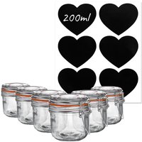200ml Glass Storage Jars with Heart Labels Pack of 6 - Clear