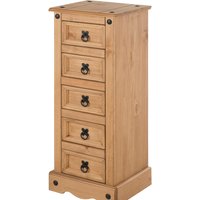 Corona Narrow 5 Drawer Bedside Cabinet Table Chest Solid Wood Mexican Pine - Brown