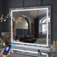 FENCHILIN Bluetooth Hollywood Vanity Mirror with Crystal Strip Lights Wall-Mount - Metal White