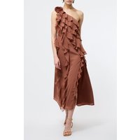French Connection Oskar Georgette Ruffle Midi Mocha Maat: 10 | Midi Jurken Outlet | Dames | Bruin
