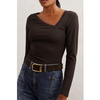 Reiss Asymmetric Neck Long Sleeve Top Chocolate Brown Maat: S | Longsleeves Outlet | Dames | Bruin