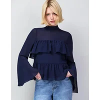 RO&ZO Women's Navy Frill Detail Chiffon Blouse - Blue - Size: 6