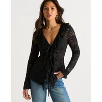 Gini London Women's Black Jersey Lace Ruffle Tie Front Blouse - Size: 8