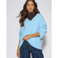 Gini London Women's Bright Blue V Neck Recycle Mix Knit Jumper - Size: 10/12