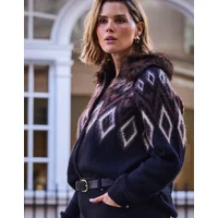 Live Unlimited London Women's Brown Fair Isle Mohair Blend Faux Fur Collar Cardigan - Size: 12