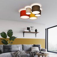 Lindby Laurenz ceiling light, 5-bulb, red/yellow, textile