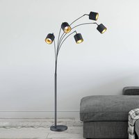 Reality Leuchten Lampadaire Tommy, noir/or, hauteur 200 cm, 5 lampes, tissu
