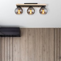 Globo Conni taklampa, längd 60 cm, rökgrå, trä/glas, 3 lampor.