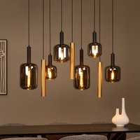 Lucide Hänglampa Joanet, längd 130 cm, rök/mässing, glas, 9 lampor
