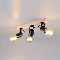 Reality Leuchten Plafonnier Lynar, noir, bois, métal, longueur 42 cm, à 3 lampes.