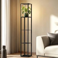 Lindby Birta LED floor lamp, shelf, 155 cm, black, metal