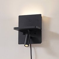 Lindby LED-vägglampa Auden, svart, stickkontakt, laddningsstation