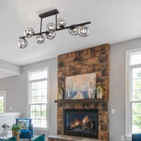 Globo Plafonnier Riha, longueur 87 cm, noir/fumé, à 9 lampes.