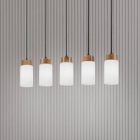 Lamkur Markus pendant light, opal glass/oak wood, length 100 cm, 5-bulb.
