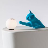 Karman Lampe à poser Maoo, céramique bleu clair, verre figure de chat