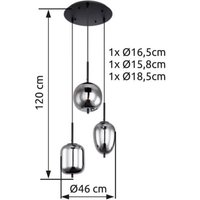 Globo Blacky hanging light, black/smoke grey, Ø 46 cm, glass, 3-bulb.