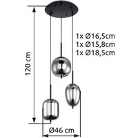 Globo Hänglampa Blacky, svart/rökgrå, Ø 46 cm, glas, 3 lampor.