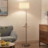 Lindby Zinia floor lamp, nickel-coloured, shelf, USB port