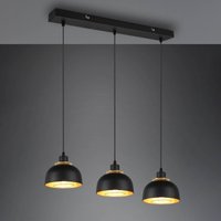 Reality Leuchten Punch pendant light, black/gold, three-bulb
