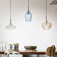 Fabas Luce Olbia hanging light, linear, 3-bulb, amber/blue/beige, glass