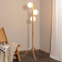 TK Lighting Lampe sur pied Estera, verre opalin, structure en bois, 132 cm, à 3 lampes