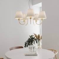 By Rydéns Lynx chandelier, brass/white, 5-bulb, metal/fabric