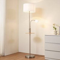 Lindby golvlampa Aovan, nickelfärgad, avställningshylla, USB-anslutning